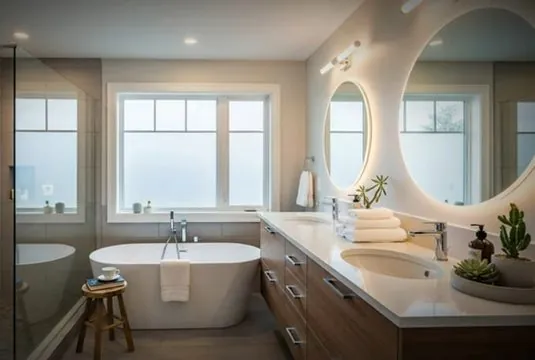 Bright double-vanity bathroom after renovation
