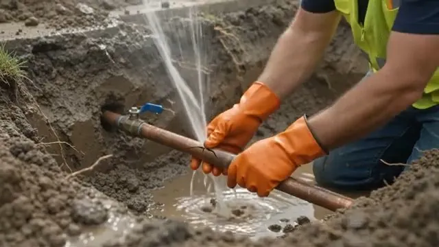 Copper water line actively spraying water inside an open trench
