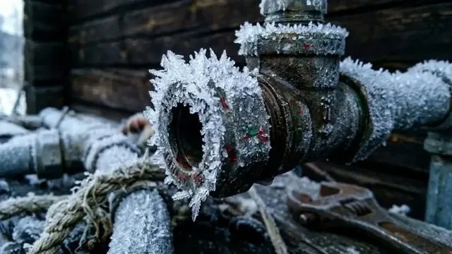 Frost-covered outdoor pipe valve being replaced