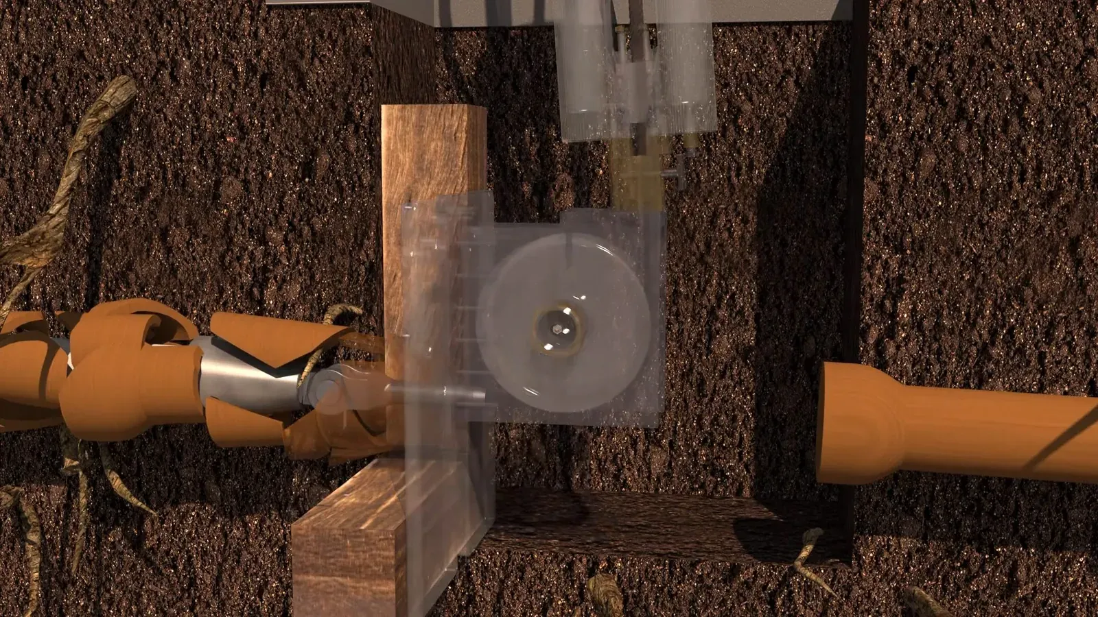 Pipe liner end positioned inside an underground trench