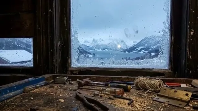 Plumbing tools near a frosted workshop window in winter