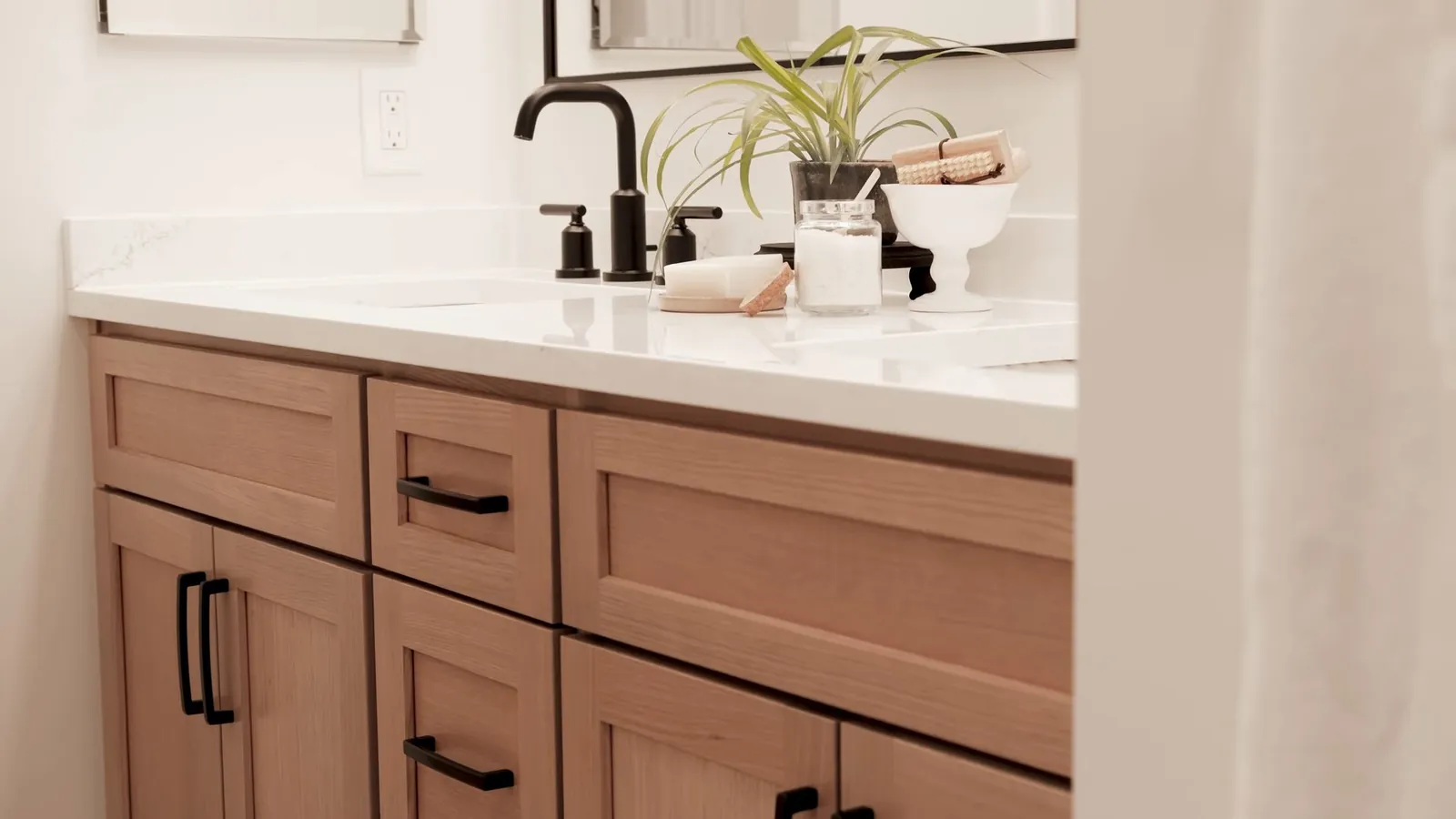 Bathroom vanity and sink installed after a remodel